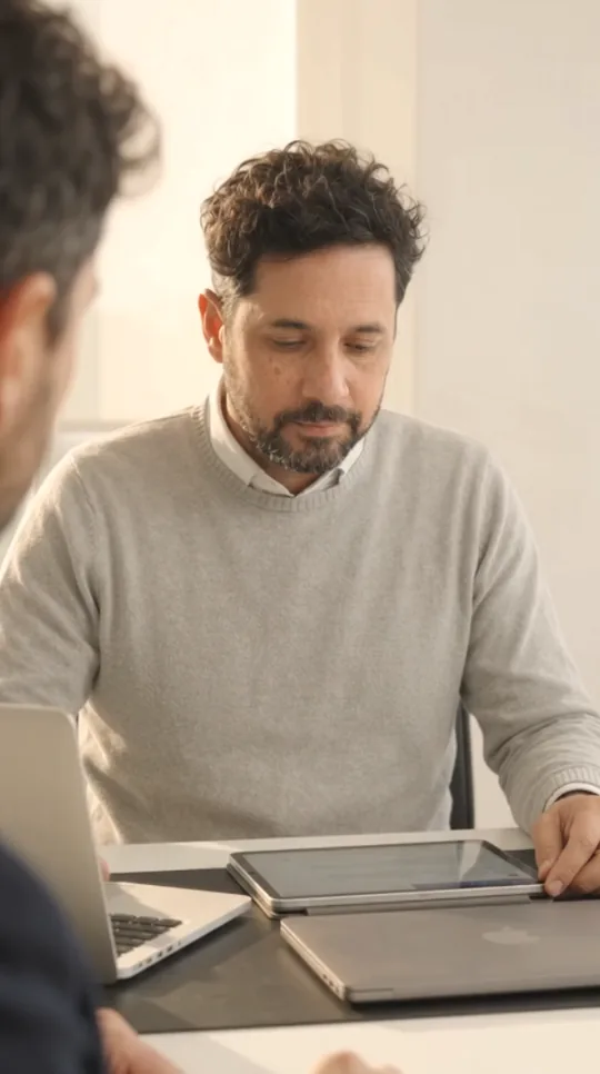 Mentoría 1:1: Andrés González Vera trabajando con el dueño de una PyME frente a una tablet y una notebook