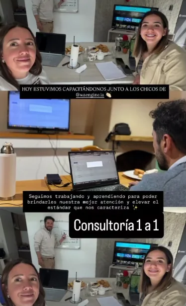 Sesión de consultoría 1 a 1 de Andrés González Vera con Maria France y Azul, de Torino Eventos, trabajando frente a la computadora y el pizarrón